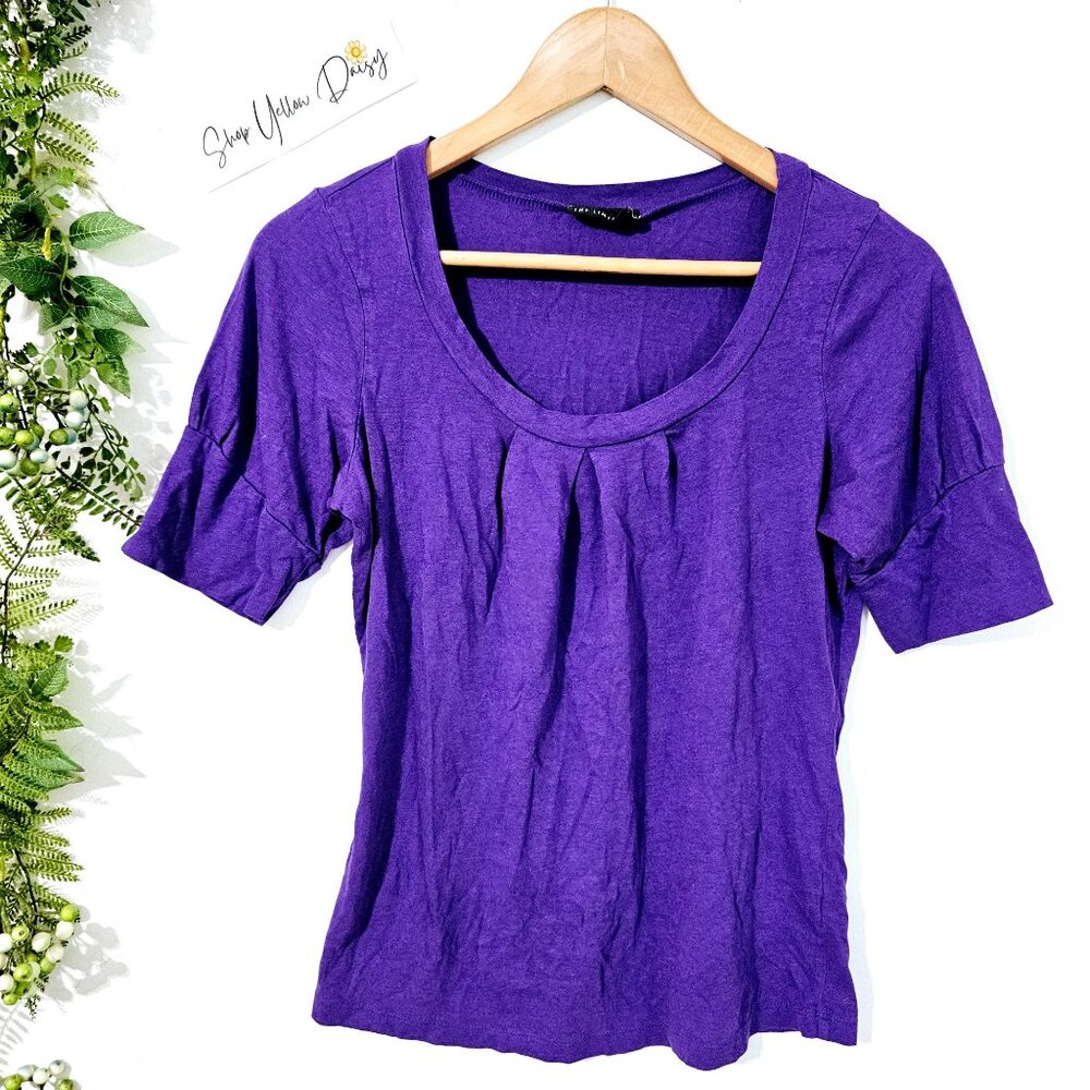Y2K The Limited Purple Scoop Neck Pleated Front Puff Sleeve Top Office Core